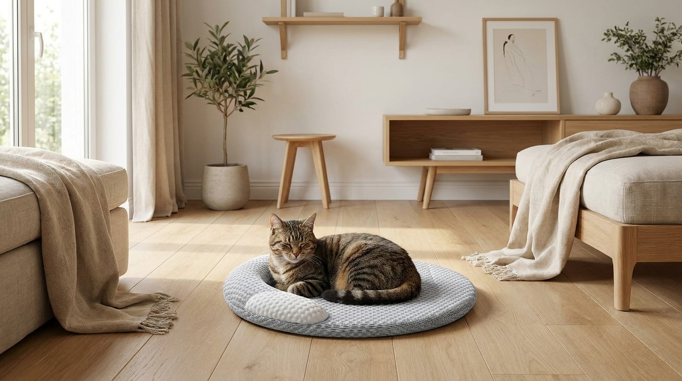Nid Fraîcheur — chat couché sur tapis de refroidissement